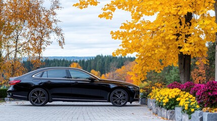 Black car parked autumn landscape