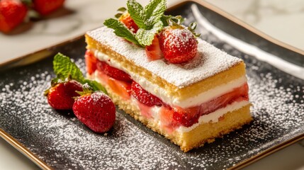 Strawberry shortcake on black plate with fresh mint and powdered sugar