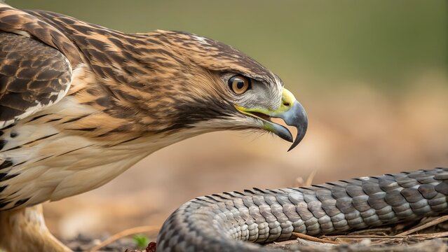 Hawk vs Snake: A gripping moment captured in nature, where a hawk confronts a snake, its sharp beak and focused eyes reveal its predatory intensity. This scene vividly depicts a struggle for survival. - Powered by Adobe