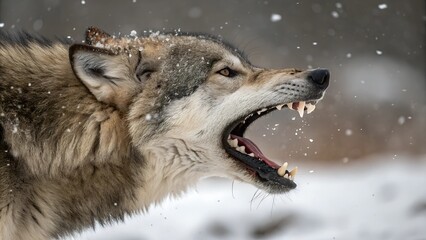 Fury in the Blizzard: a fierce gray wolf bares its teeth amid a snowy blizzard, its intense gaze and formidable presence captures the raw power of the wild.