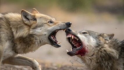 Clash of the Pack: Intense moment of wolves in mid-fight, their bared fangs and aggressive postures create a powerful display of nature's raw strength, capturing a story of survival and dominance. © Luckystation