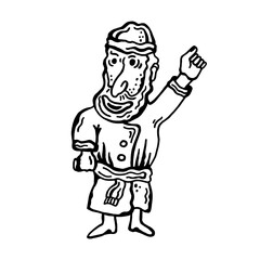 Black and white vector illustration of a bearded man of Caucasian appearance, in a robe with a raised fist, on a white isolated background