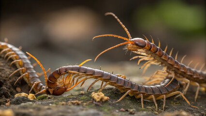 Obraz premium Centipede Gathering: A macro shot capturing a group of centipedes engaged in activity on a textured surface, emphasizing their intricate details and exoskeletons.