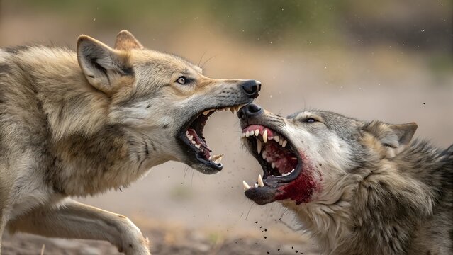 Clash of the Pack: Intense moment of wolves in mid-fight, their bared fangs and aggressive postures create a powerful display of nature's raw strength, capturing a story of survival and dominance.