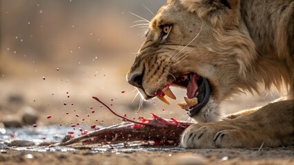 Wild Lion's Feast: A close-up shot of a majestic lion fiercely devouring its prey, capturing the raw power and primal instinct of the animal kingdom in a dramatic scene.