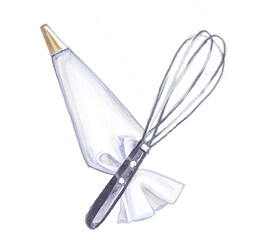 Baking utencils isolated on white. Watercolor kitchen concept illustration. Design for cookbook or bakery logo.