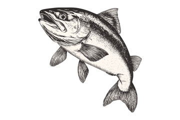 Vintage illustration of hand-drawn salmon, black sketch effect, aquatic art, wildlife print, old engraving style, trendy design, white background, nature artwork, ocean fish.