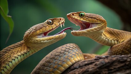 Fototapeta premium Venomous Confrontation: Two vibrant eyelash vipers lock eyes in a moment of tense interaction, their vivid scales catching the light as they perch on a tree branch in a naturalistic setting.