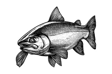 Aquatic art with hand-drawn salmon, wildlife print, old engraving style, vintage illustration, black sketch effect, white background, trendy design, nature-inspired, ocean art.