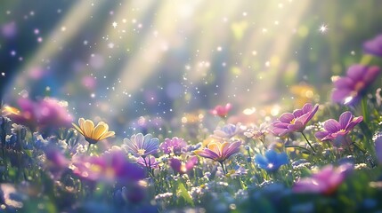 Flower meadow, sunbeams, bokeh lights, spring celebration theme