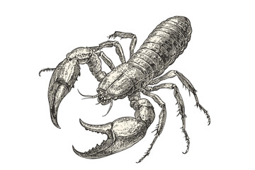 Old engraving style, trendy wildlife, hand-drawn scorpion, antique style, aquatic animal, black sketch effect, vector, illustration, print design, rodent, nature, white background