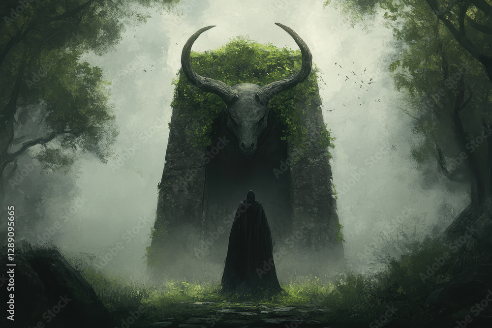 Poster a man stands in front of a large stone structure with a horned head