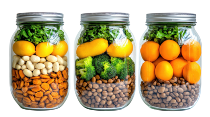 Three jars filled with various foods arranged on a wooden surface in natural light isolated on transparent background..