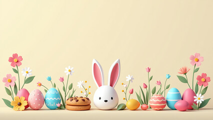 Obraz premium colorful easter decorations feature easter bunny ears eggs flowers cookie isolated beige