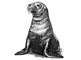 Trendy illustration of sea lion, hand-drawn in black sketch, vintage art, animal print with white background