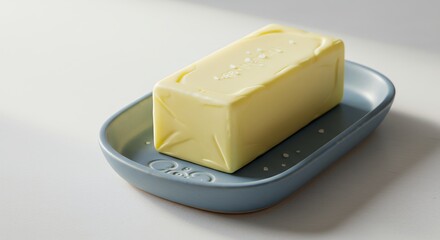 Serving fresh salted butter on a blue ceramic butter dish