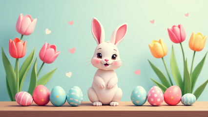 colorful easter decorations surround cute bunny wooden table eggs