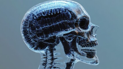 Detailed 3D render of a human skull, showcasing intricate bone structure and ethereal blue glow.