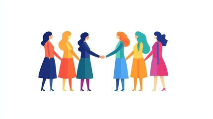 Diverse women shaking hands, representing unity and collaboration in a modern design.