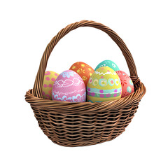 A basket of multicolored eggs, full of dreamy colors, isolated on a transparent background.