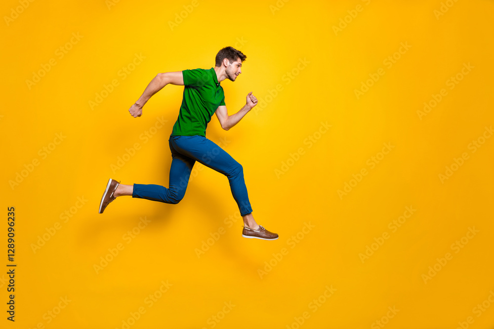 Poster full length body size side profile photo of fast quick handsome man wearing blue pants trousers foot