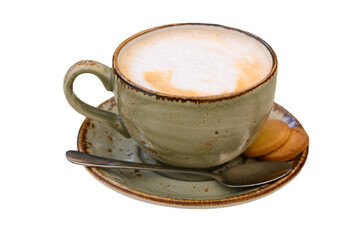 Perfectly crafted cappuccino served in a rustic cup with delicate cookies on a warm plate