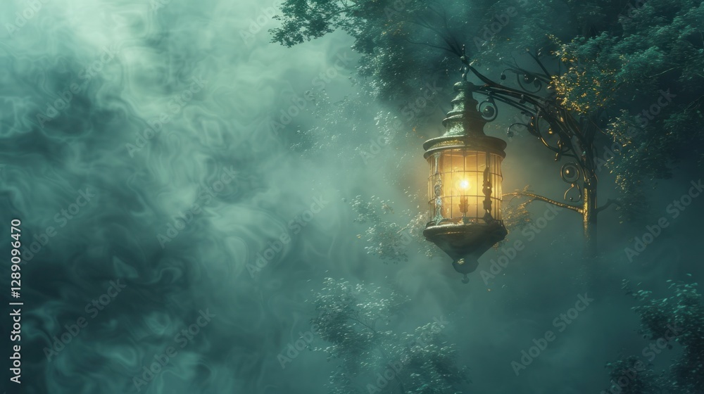 Aufkleber a lantern emits a soft golden light through dense fog, creating an enchanting atmosphere in the fore