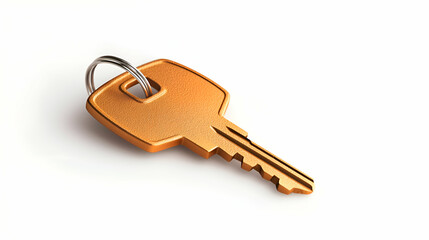 Gold Metal Key with Keychain on White Background