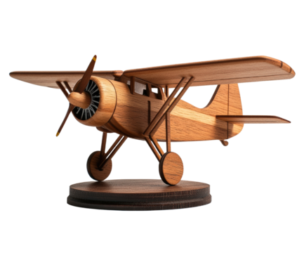 Wooden model airplane on a wooden surface with natural lighting and shadow effects isolated on transparent background..
