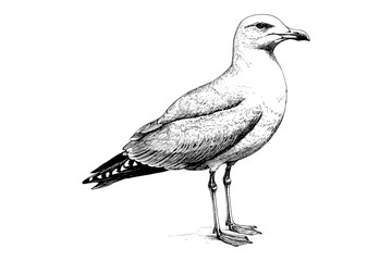 Hand-drawn black sketch seagull, antique style, vintage wildlife illustration, aquatic animal vector, old engraving print design, rodent, art for nature lovers, bird artwork