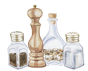 Pepper shakers and containers for food for kitchen isolated on a white background. Cuisine and cooking concept illustration.