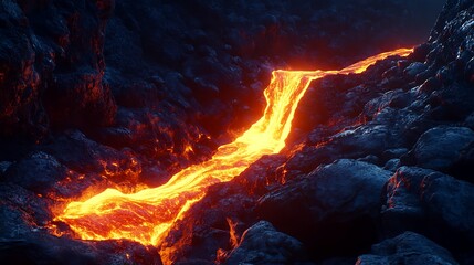 Glowing lava river flowing through volcanic rocks, dramatic heat texture