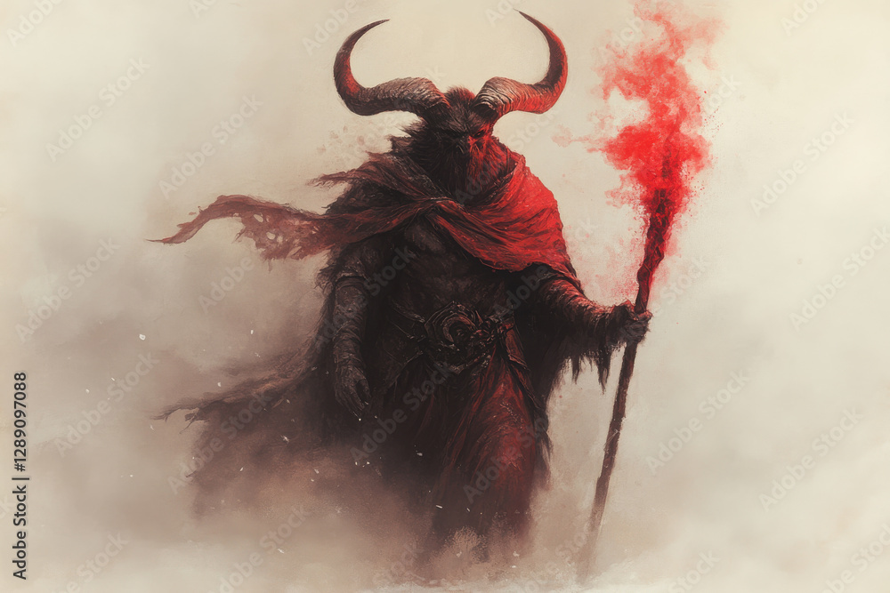 Poster a man with horns and a red robe holding a red torch