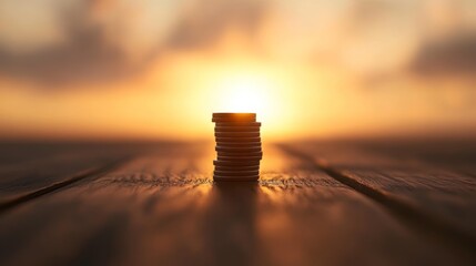 Stack of coins on wooden surface against a sunset background symbolizing financial growth