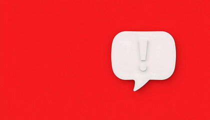 White Speech Bubble with Exclamation Mark on Solid Red Background, 3D Stylized Alert Icon