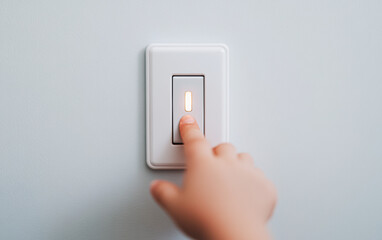 A hand pressing a light switch on a wall, illuminating the surroundings.