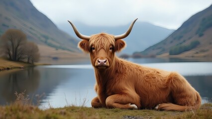 highland calf lake mountains nature scenic