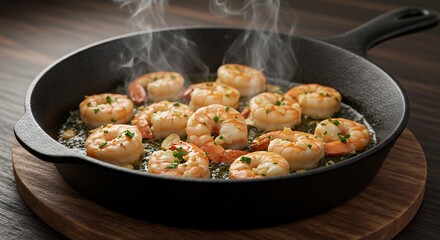 Sizzling Shrimp Scampi in Cast Iron Pan Ready to Serve