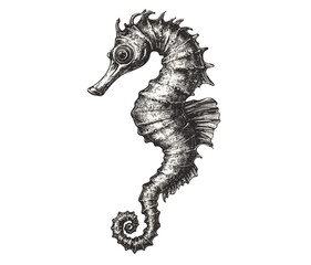 Vintage illustration of hand-drawn seahorse, black sketch effect, aquatic art, wildlife print, trendy design, ocean life, coastal decor, marine life art © Vintage studio