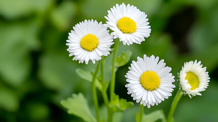 Obraz premium Close-Up of Four White Daisies with Yellow Centers Against a Green Background