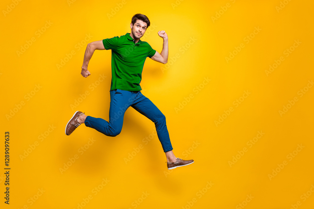 Poster full length body size turned photo of surprised man running as fast as he can towards shopping mall 