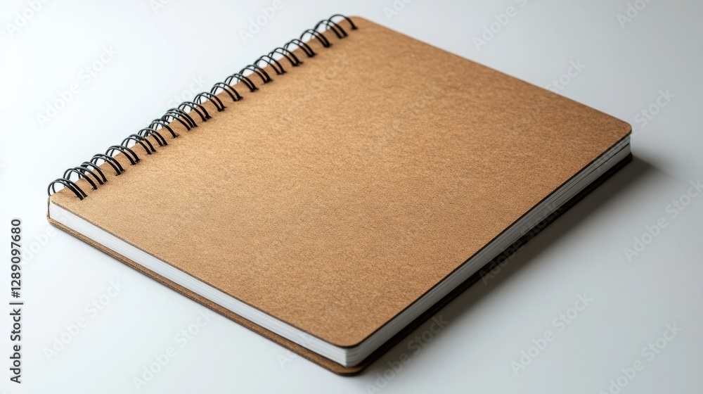 Poster a light brown spiral-bound notebook with sharp corners resting on a white background