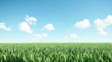 Lush green field under a bright blue sky with fluffy clouds, evoking tranquility and nature's beauty.