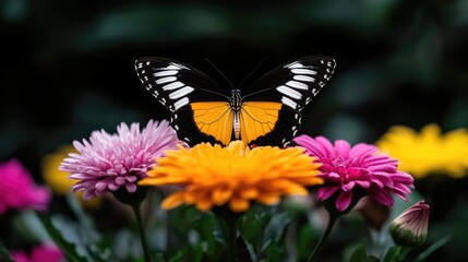 Fototapeta premium Butterfly on flowers in garden, nature background, peaceful scene, perfect for nature websites