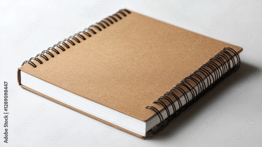 Poster a light brown spiral-bound notebook with sharp corners resting on a white background