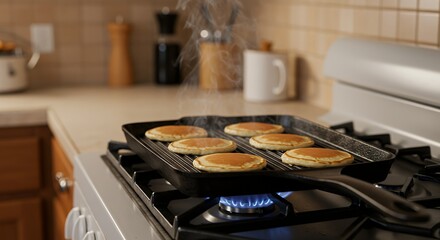 Cooking Pancakes on a Grill Pan with Gas Stove Flame