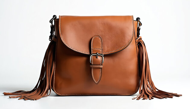Brown leather crossbody bag features stylish fringe detail. Trendy bold fashion accessory perfect for woman modern outfit. Sleek hand-made stitch design. Great for event special party statement.