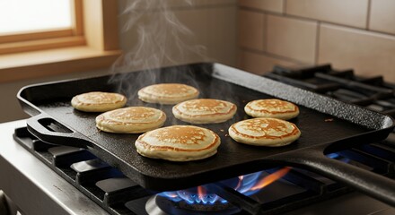 Cooking Pancakes on a Griddle with Natural Light in the Kitchen