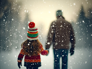 A heartwarming winter scene a child, bundled in a colorful knit hat and sweater, walks handinhand with an adult through a softly falling snow.