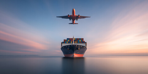 Global Trade: Cargo ship navigates calm waters as a plane flies overhead against a backdrop of a serene sunset, symbolizing international commerce and logistics.